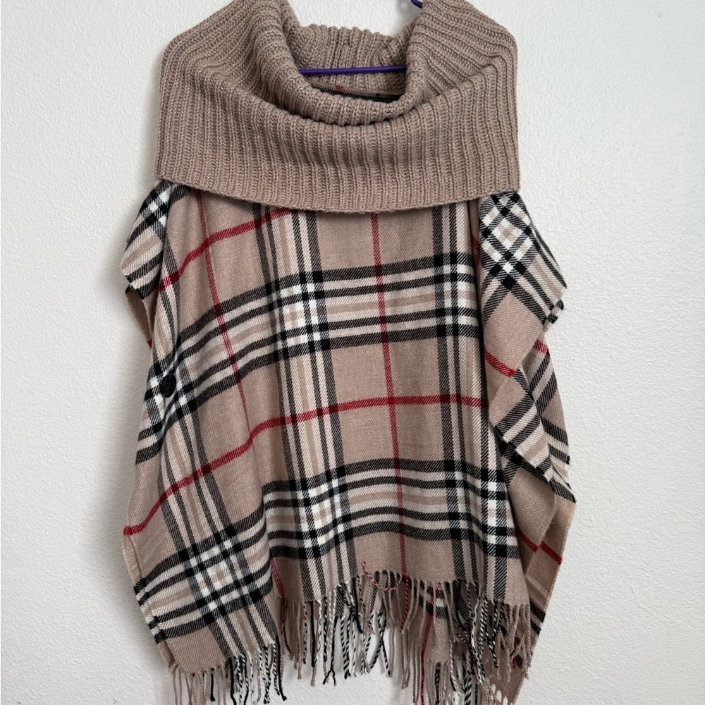 Plaid Beige and Red Cowl Neck Poncho - Picture 2 of 8